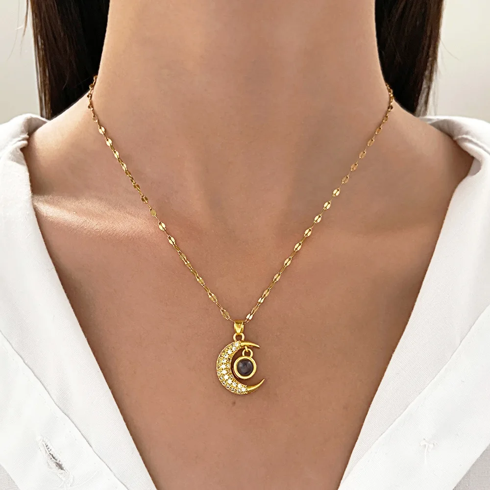 Fashion 100 Languages I Love You Moon Clavicle Pendant Necklace For Women Stainless Steel Jewelry Gifts image 2