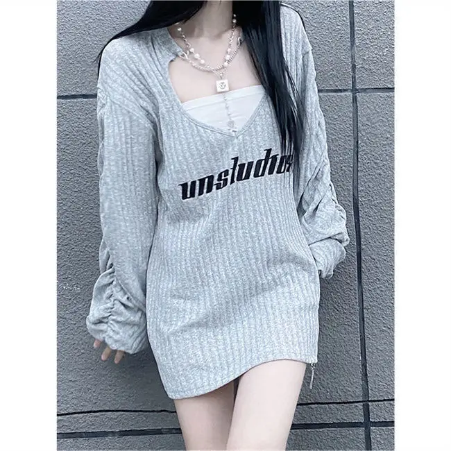 Streetwear Fashion Y2k Tops Aushöhlen Herz Puff Sleeve Gegabelten T Shirts Kette Frühling Herbst Brief Drucken Vintage Harajuku Tees