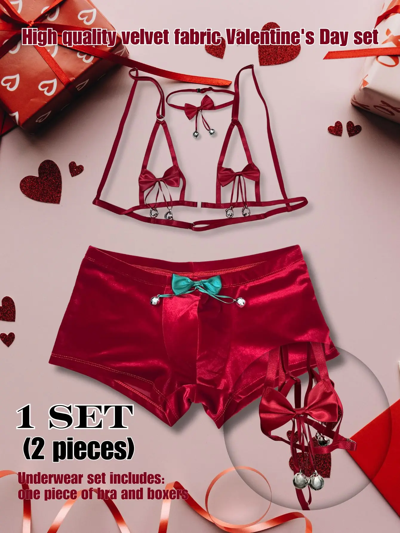 

Men's 1 set of 2pcs high-quality velvet erotic outfits, lingerie+underwear bow bell Christmas set