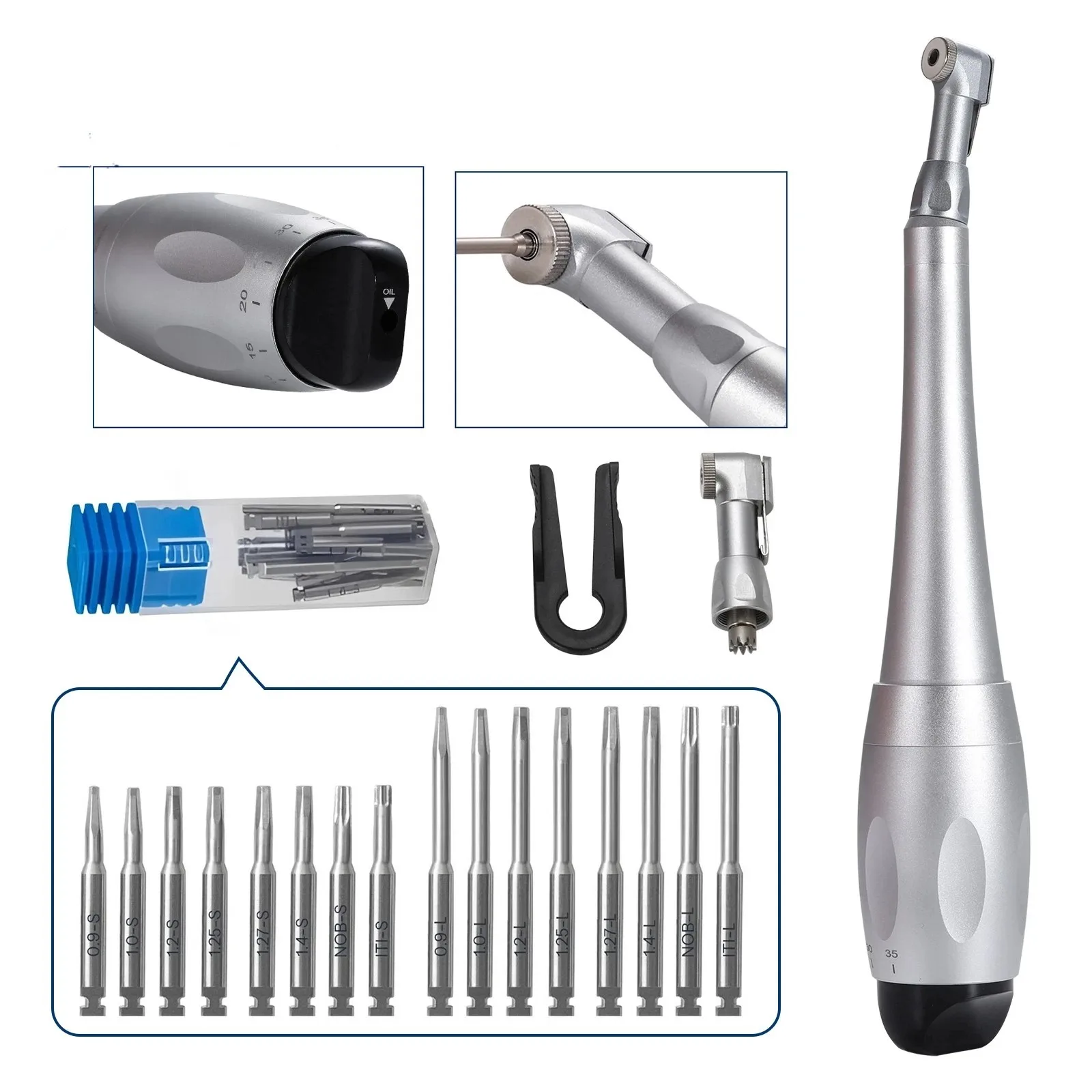 Dental Torque Wrench Universal Implant Kit Wrench Contra Angle & 16 Drivers Silver Color