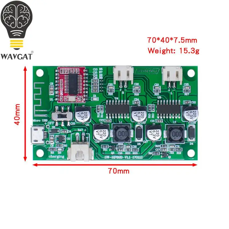 DC 5V 6W X 6W 2 Channel Stereo Bluetooth Amplifier Board Lithium Battery Powered for Speakers Loudspeaker Box Modified WAVGAT