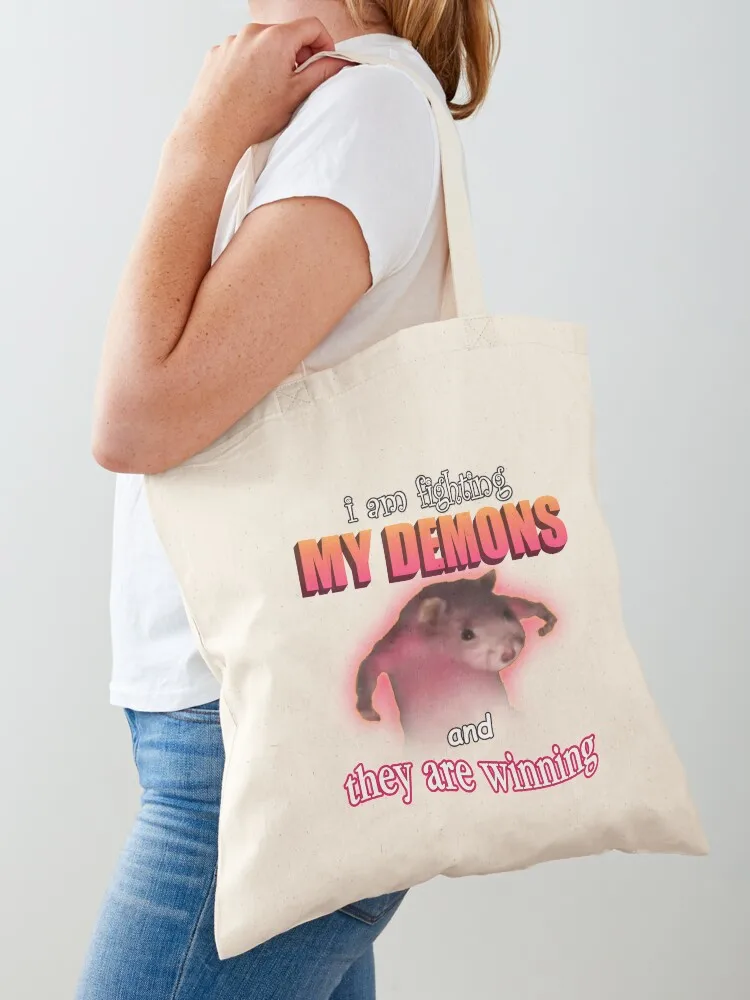 I'm fighting my demons and they are winning word art meme Tote Bag hand bags shopper bag women