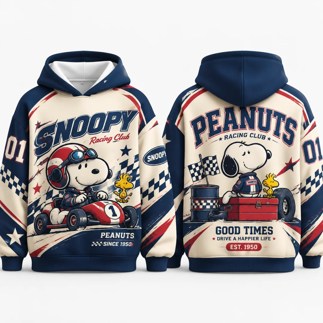 Mens Snoopy Racing Club Hoodie Vintage Race Car 3D All Over Print Double Sided Pullover Hooded Sweatshirt Streetwear Kids Tops