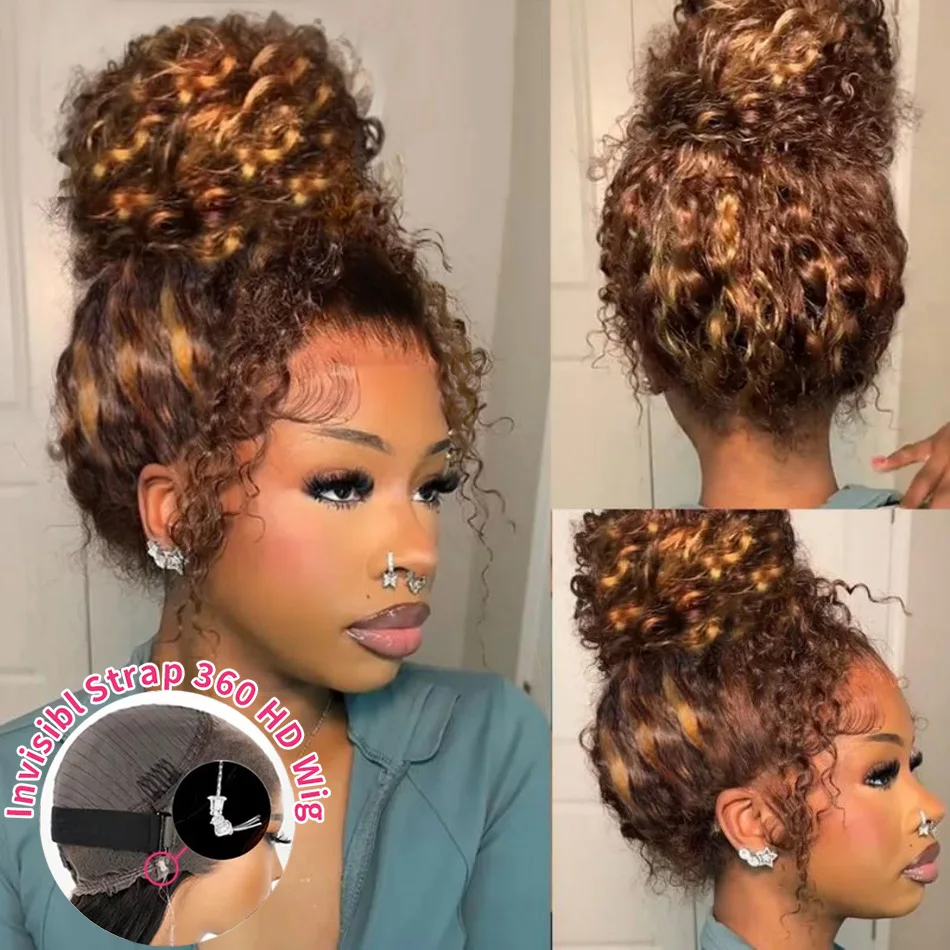 360 شعر مستعار دانتيل كامل P427 تسليط الضوء على خصلات الشعر المستعار الإنسان 13X4 Hd الدانتيل الباروكات الأمامية البرازيلي مجعد موجة عميقة ملونة 230 الكثافة 40 بوصة #1