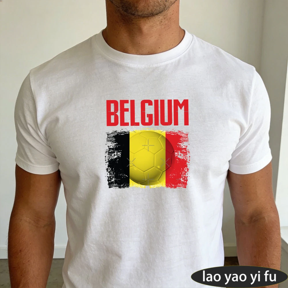 Belgium Flag Soccer Ball T-Shirt Gift for Football Fans Unisex Shirt Soccer Part Supplies Short Sleeve Men Fashion Cotton Tops