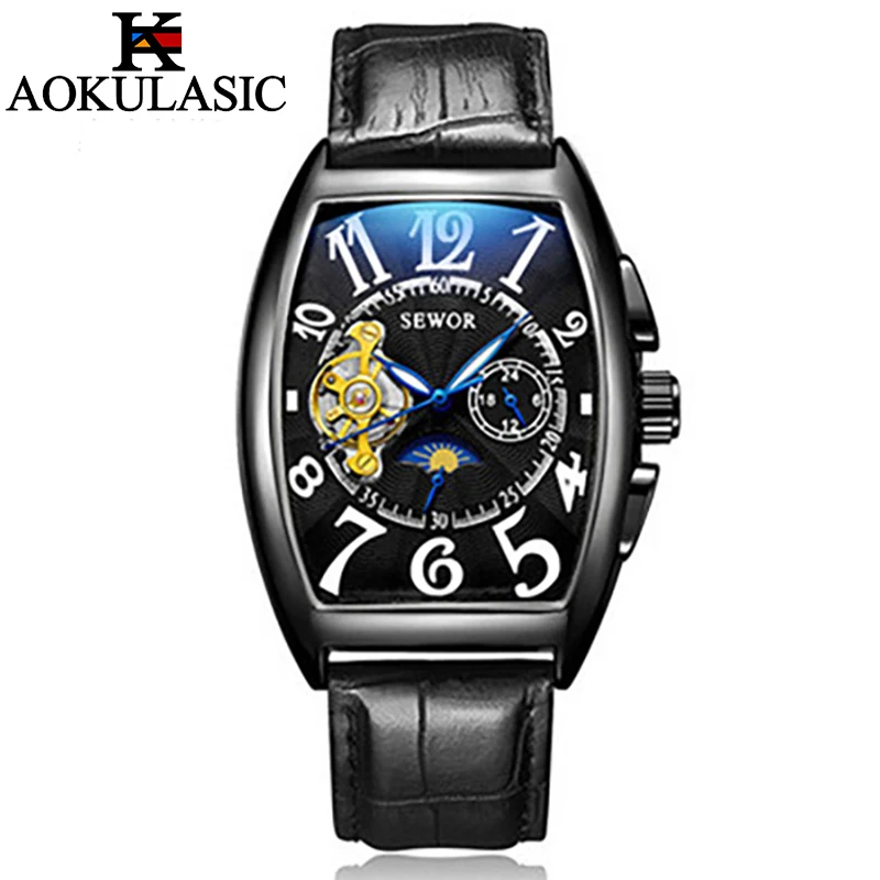 AOKULASIC Fashion Business Men Watches Tonneau Dial Tourbillon Moon Phase Automatic Mechanical Waterproof Men Watch Reloj Hombre