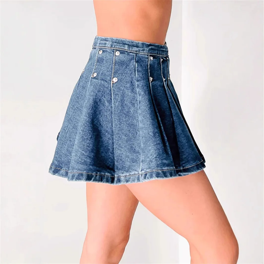 2025 New Fashion Women's American Summer Sexy Rivet A-line Skirts Casual Trendy Vintage Denim Pleated Skirts Female Streetwear
