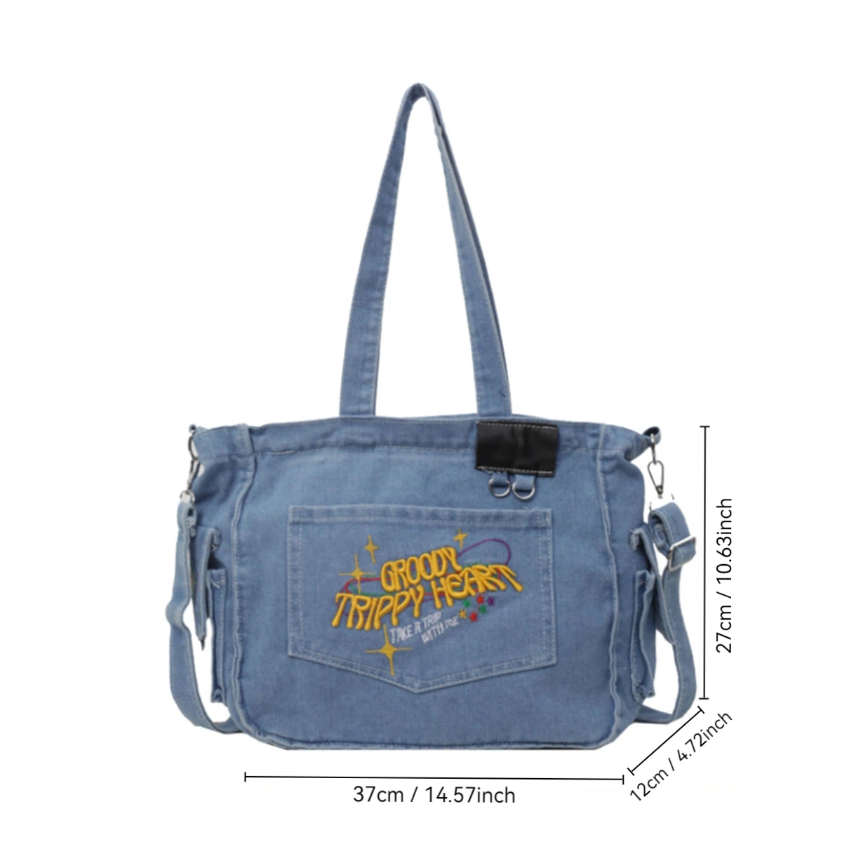 Washed denim Embroidery Alphabet Vintage Tote Bag Large capacity Women\'s bag Shoulder bag Underarm bag Student storage bag