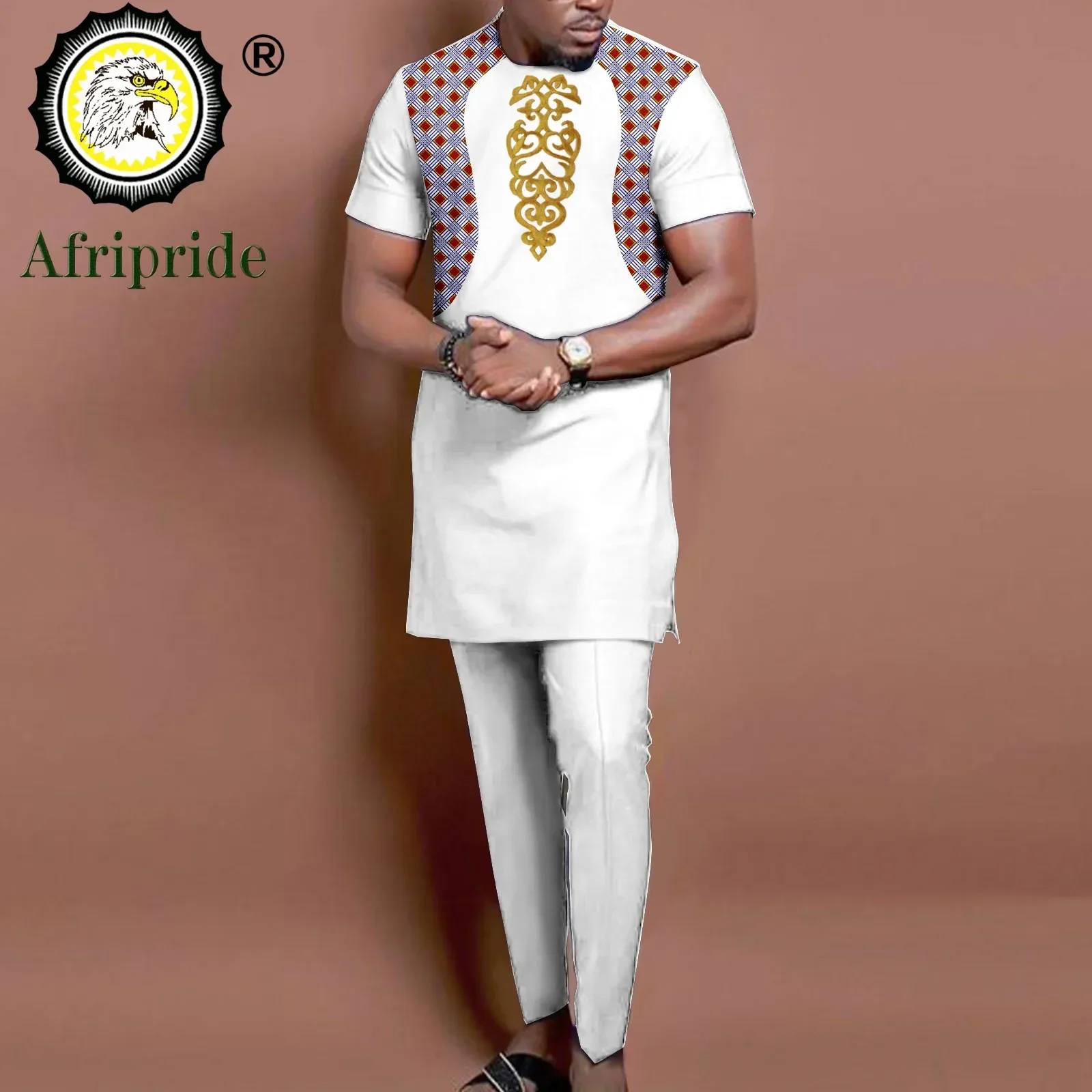 African Clothes for Men Short Sleeve Embroidery Printed Shirts and Pants 2 Piece Set Kaftan Outfits Bazin Riche Suit A2216011