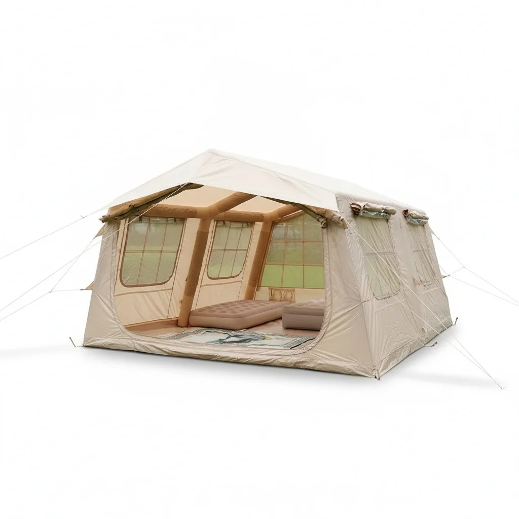 Inflatable Camping Tent, 13.68sqm Waterproof Oxford Cotton Canvas Glamping Tent, 5-6 Person Four Season Heavy Duty Air Tent