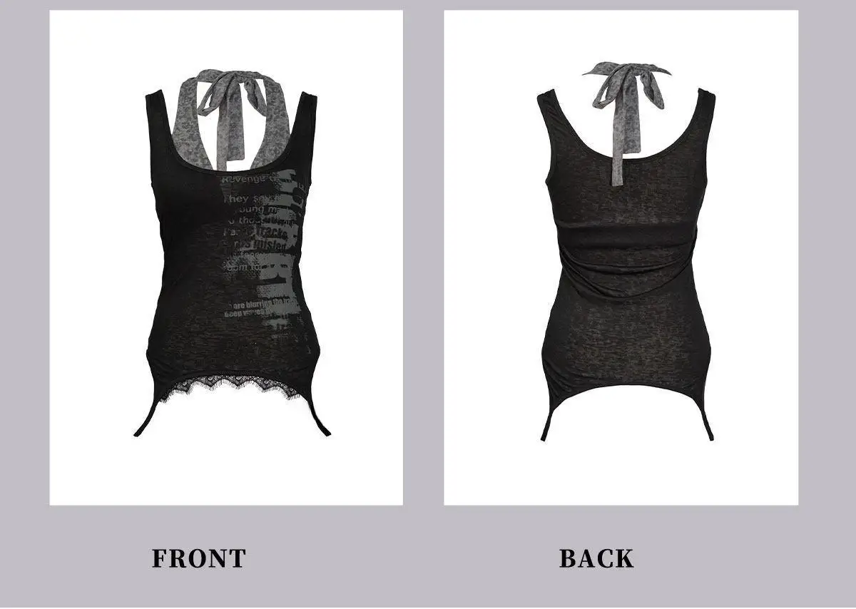 Karrcat Grunge Aesthetics Fake Zweiteiliges Tanktop Trashy Y2k Spitzen-Patchwork-Camis-Tops Vintage Gothic Schwarzes ärmelloses Top Punk – Detail 13