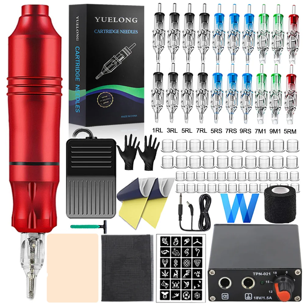 

Complete Rotary Tattoo Machine Kit with Power Supply Foot Pedal Cartridge Needles and Accessories Tattoo Beginners & Artist Set