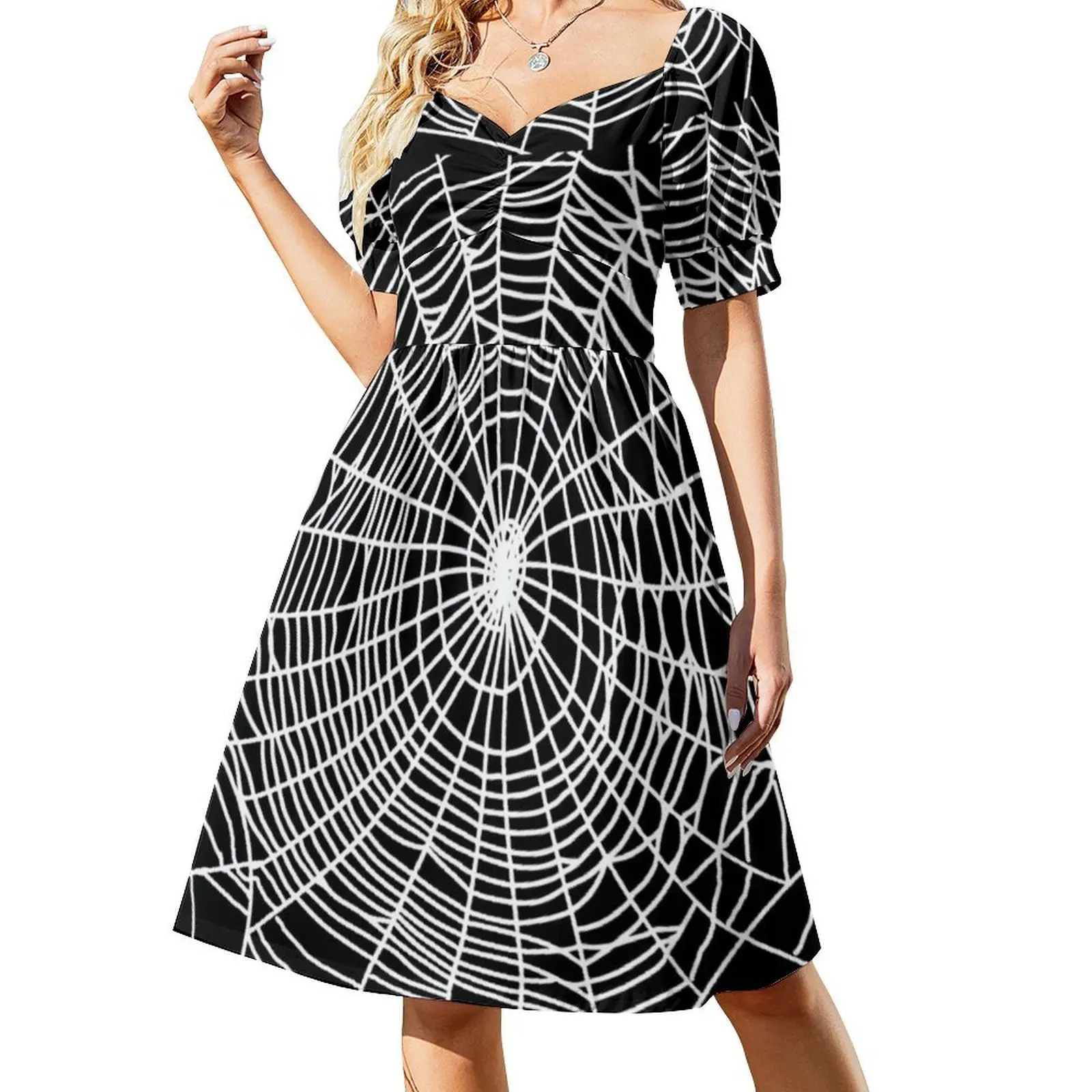 تصميم سبايدر ويب مخيف لطيف باللونين الأبيض والأسود لفستان كاجوال على الطراز الكوري للنساء فساتين سيدة المكتب اليومية البسيطة
