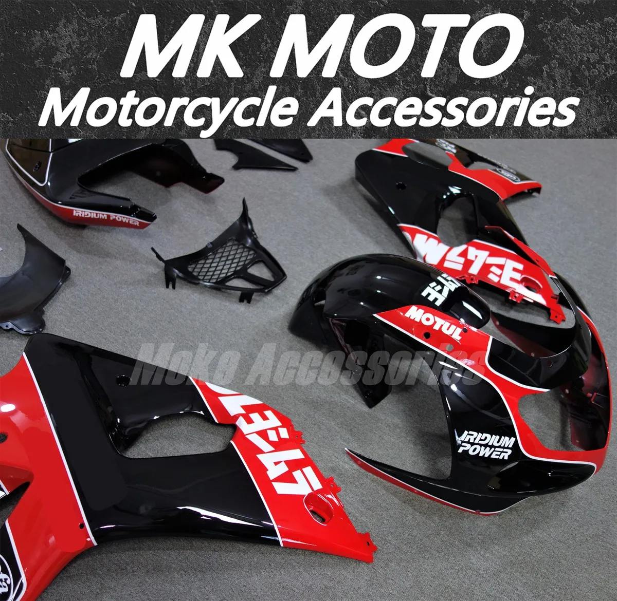 مجموعة انسيابية للدراجات النارية من Moke Moto مناسبة لـ Gsxr1000 2000 2001 2002 مجموعة هيكل السيارة عالية الجودة حقن ABS أحمر وأسود Yoshimura