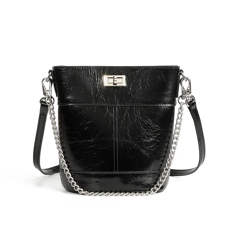 

Vintage Genuine Leather Bucket Bag Women's Chain Crossbody Shoulder Bag Soft Hip Hop Style Internal Zipper Pocket Phone Handbags