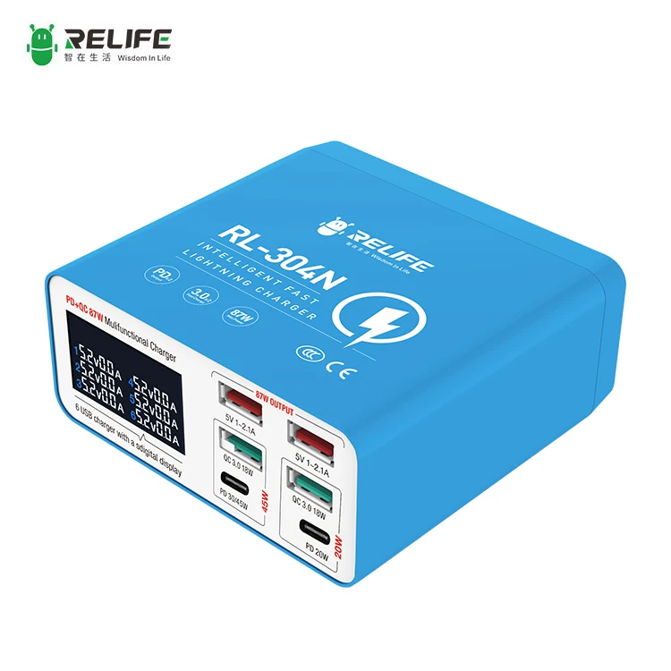 RELIFE RL-304N Smart digital display 6 port charger 87W efficient fast charge for all mobile phones tablets and other devices