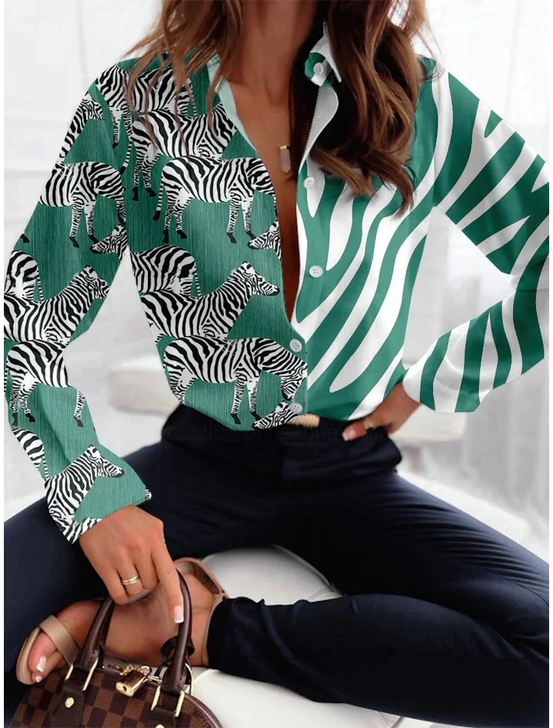 Retro Loose Zebra Texture Women\'s Shirt Fashion Lapel Long Sleeve Office Women 2024 Spring and Autumn New Top