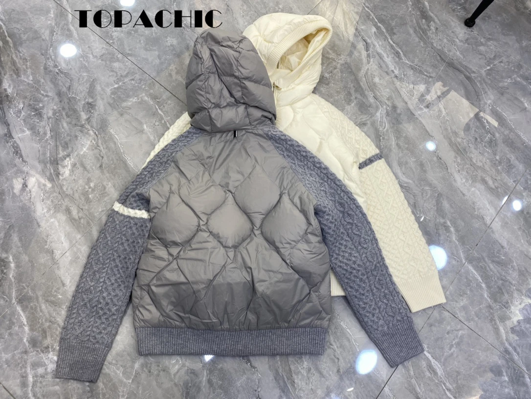 11.21 TOPACHIC Women\'s Comfortable Striped Knitted Twist Long Sleeve Argyle Hooded Zipper Duck Down Jacket