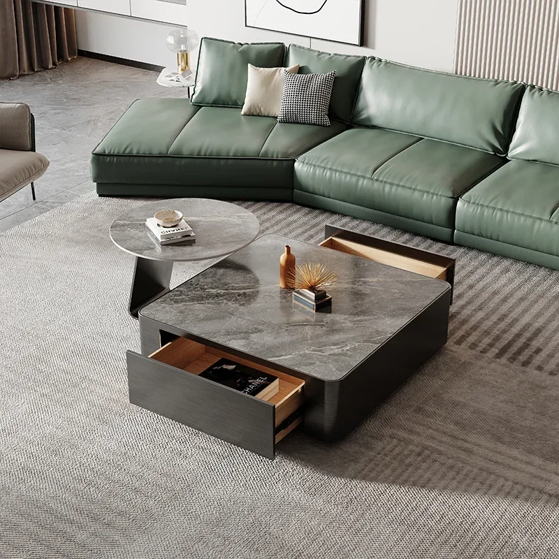 Quiet Style Simple Living Room Stainless Steel Square Stone Plate Coffee Table