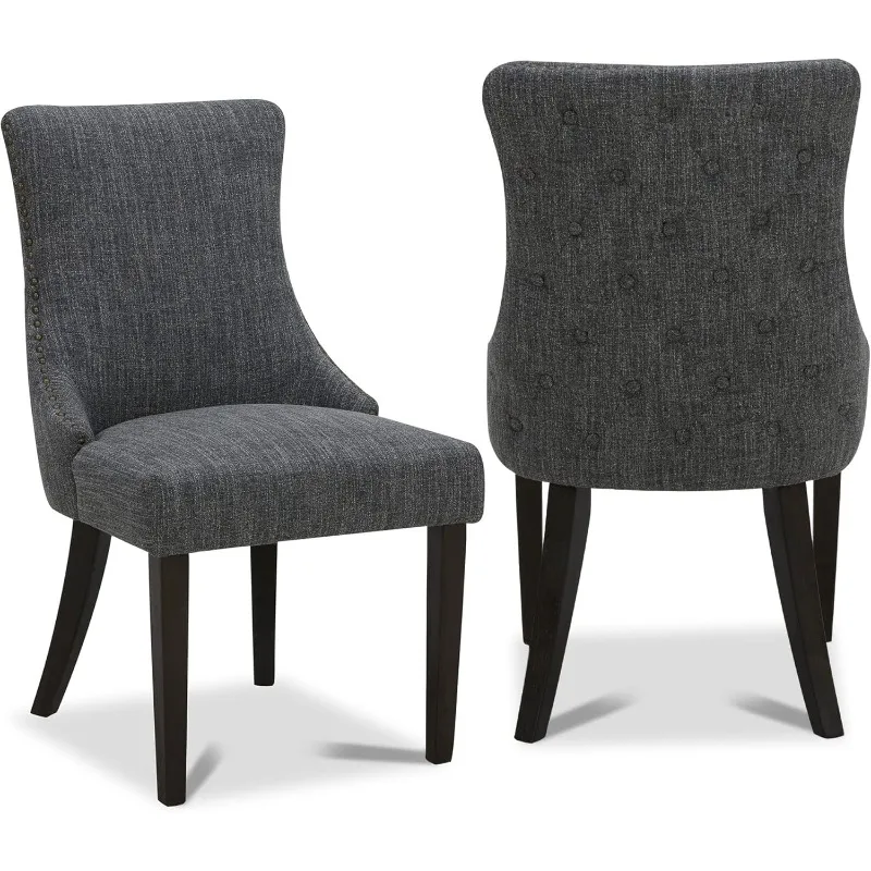 Upholstered Tufted Dining Chairs with High Back, Easy to Clean Fabric Finish and Solid Wood Legs in Brushed Espresso, Set of