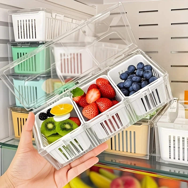 Cajas de almacenamiento para refrigerador con 3 rejillas, organizador de ajo, cebolla y pimienta, escurridor de frutas y verduras, caja para verduras, contenedores sellados para cocina ﻿