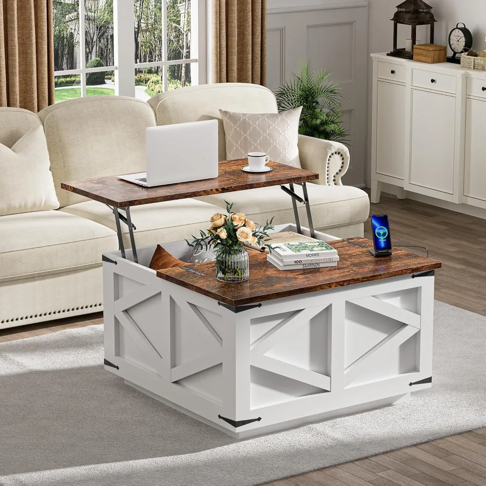 31.5 Inch White Farmhouse Style Coffee Table with Lift Top, LED Lighting, and Power Outlets, Square Storage Ottoman featuring US