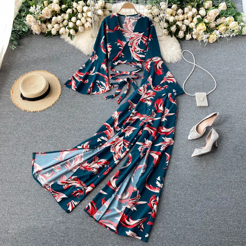 

Bohemian Vacation Beach Two Piece Sets Women Sexy V-Neck Bandage Short Tops + High Waist Split Wide Leg Pant Suits Spring New