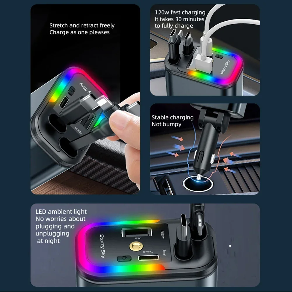 Pengisi Daya Mobil Cepat 5-in-1 180W USB Type-C Adaptor Daya Pengisi Daya Ponsel Retractable Dengan Lampu Bintang Atap Untuk Ponsel IOS Android