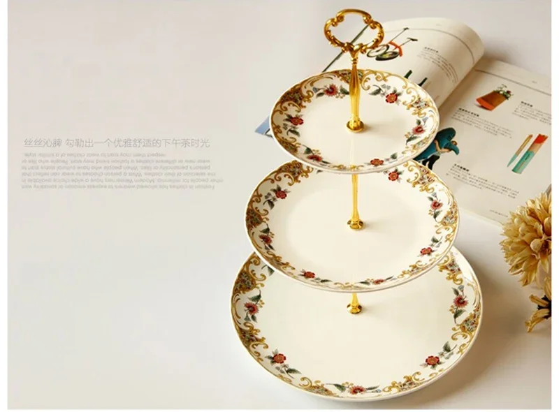 6+8+10inch, fine bone china floral cake stand,  nordic ceramic, fruit plate, dish set, for buffet  plate  gold plates