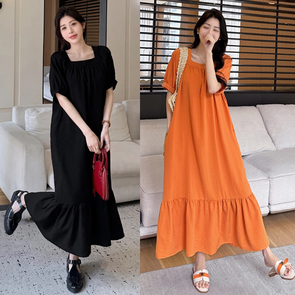 NYFS فستان صيفي 2025 النمط الكوري المرأة فضفاضة حجم كبير كم قصير القطن الكتان فستان طويل رداء Elbise #5