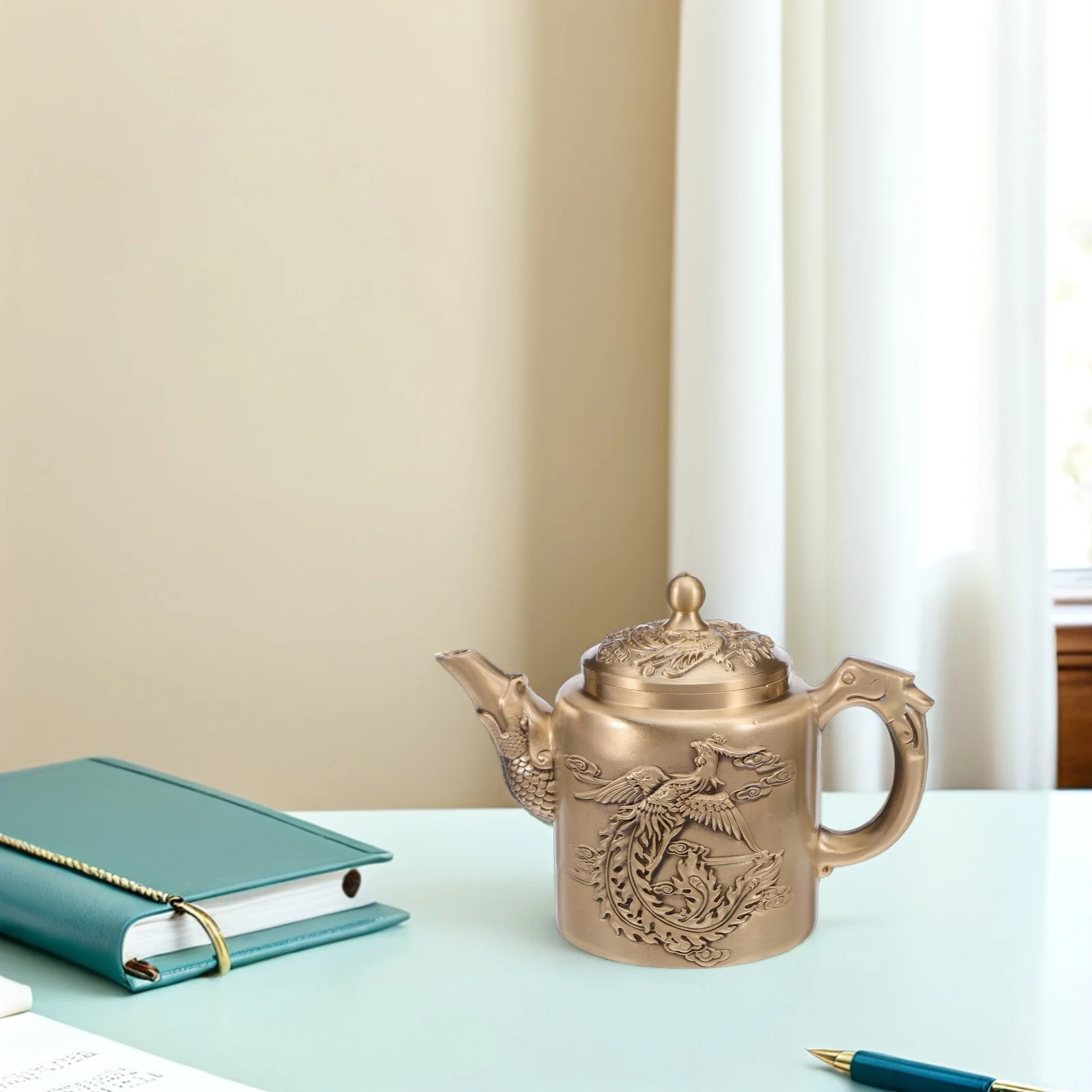 

120ml Retro Chinese Brass Teapot Embossed Dragon Phoenix Artistic Wine Kettle for Display Vintage Kettle