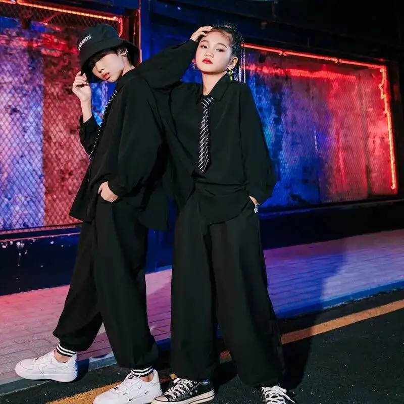 

Костюмы для современного джаза, черный костюм, одежда для уличных танцев, танцевальная одежда в стиле хип-хоп, детские сценические костюмы для выступлений