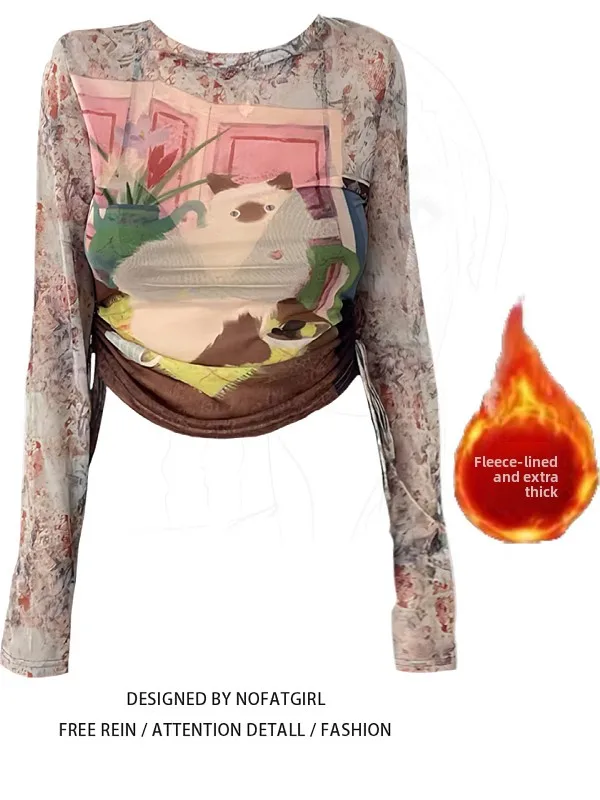 

Женская длинная футболка размера плюс в американском стиле ретро с принтом Thiened Fce, утягивающий топ на осень, новое поступление