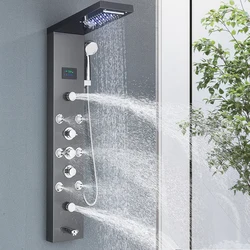 Panel de ducha LED con sistema de torre, columna de ducha de cascada de lluvia, pantalla LCD hidroeléctrica con masaje corporal, grifo de ducha de baño de Spa