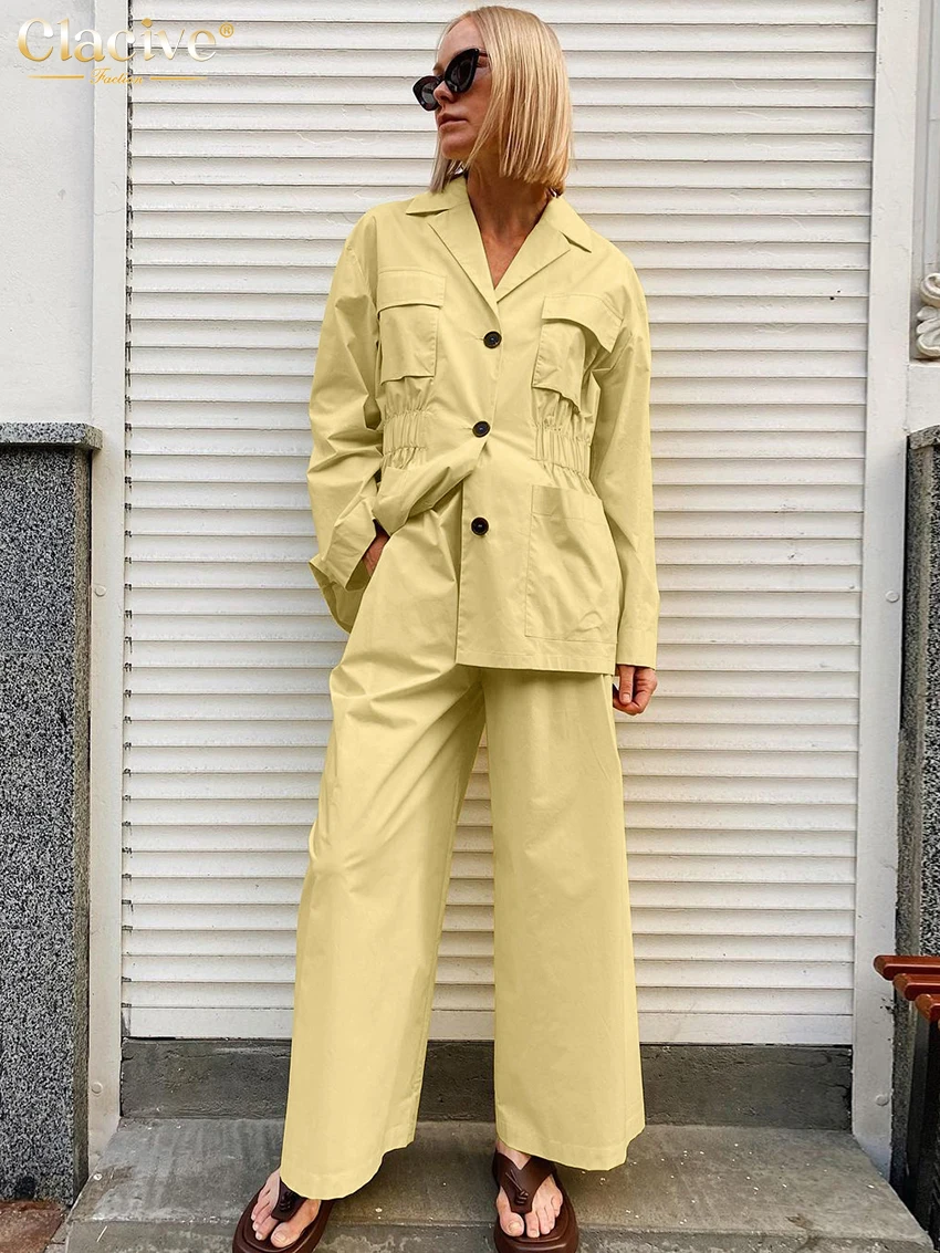 Clacive Fashion Loose Yellow Cotton Pants Sets For Women 2 Pieces Elegant Long Sleeve Shirt With High Waist Wide Trousers Suits