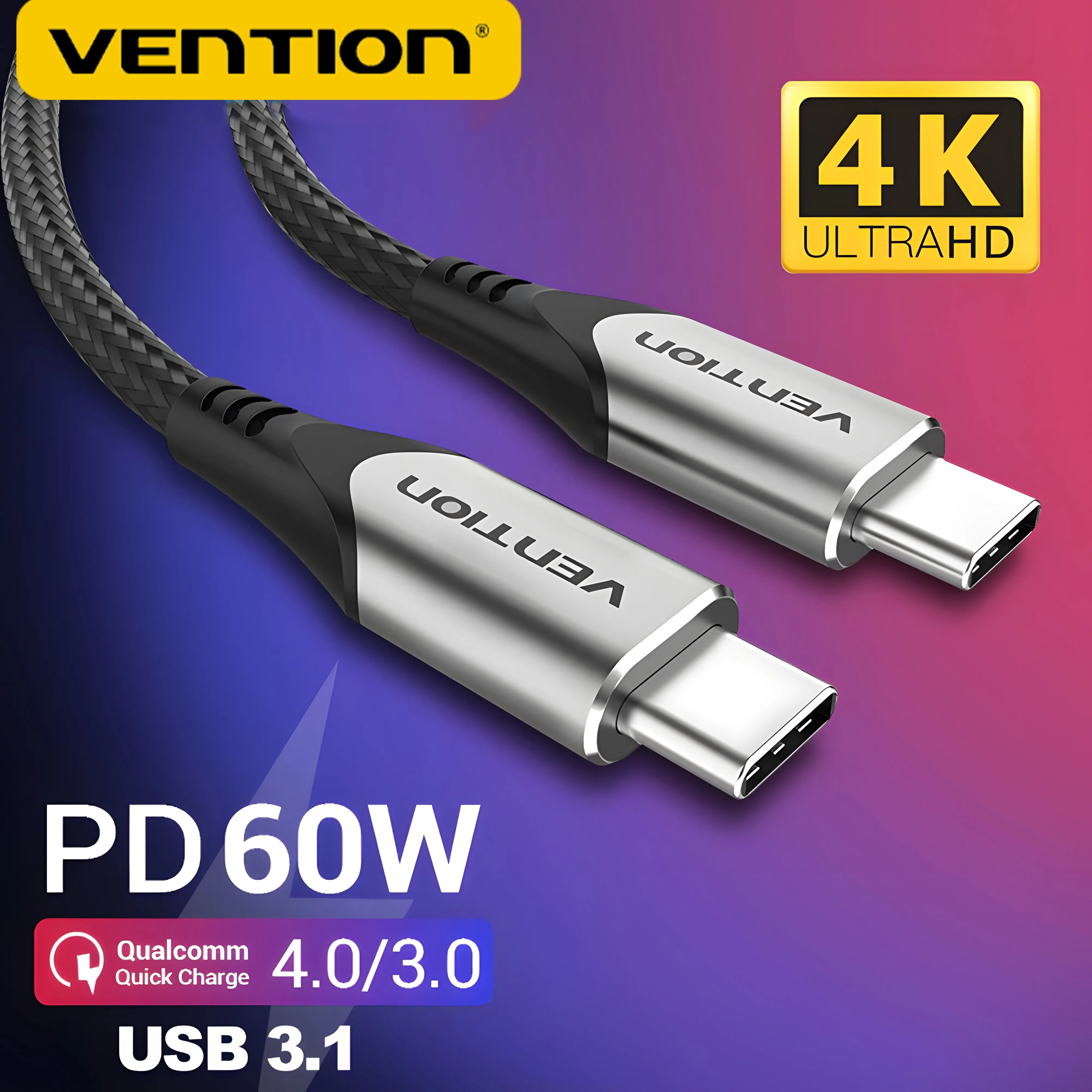 Vention New 60W 4K 60Hz USB 3.1 5Gbps USB C to USB C Fast Charger Cable Braided Data Wire for Samsung iPhone 16 MacBook Laptop