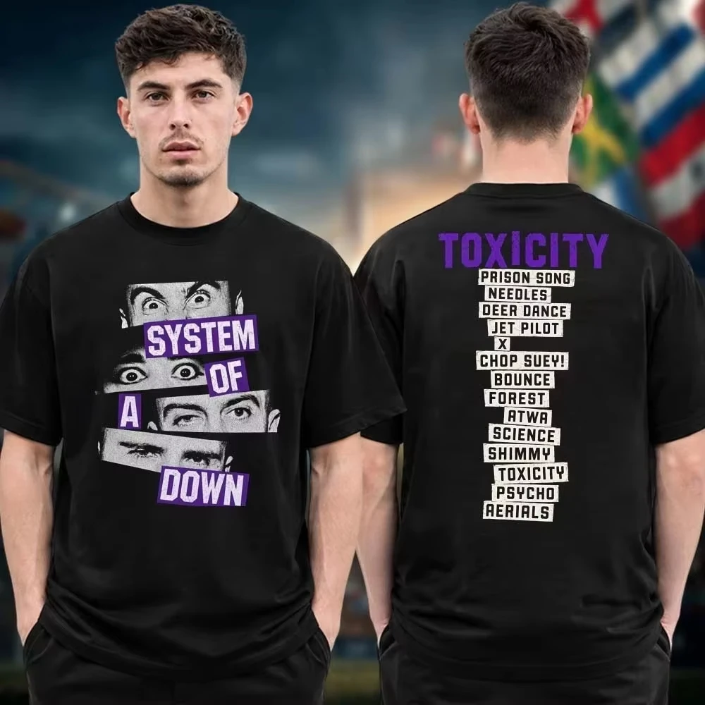 2026 Mens Womens System Of A Down Rock T-shirt Vintage Band Face Collage Graphic Double Sided Print Short Sleeve Cotton Top
