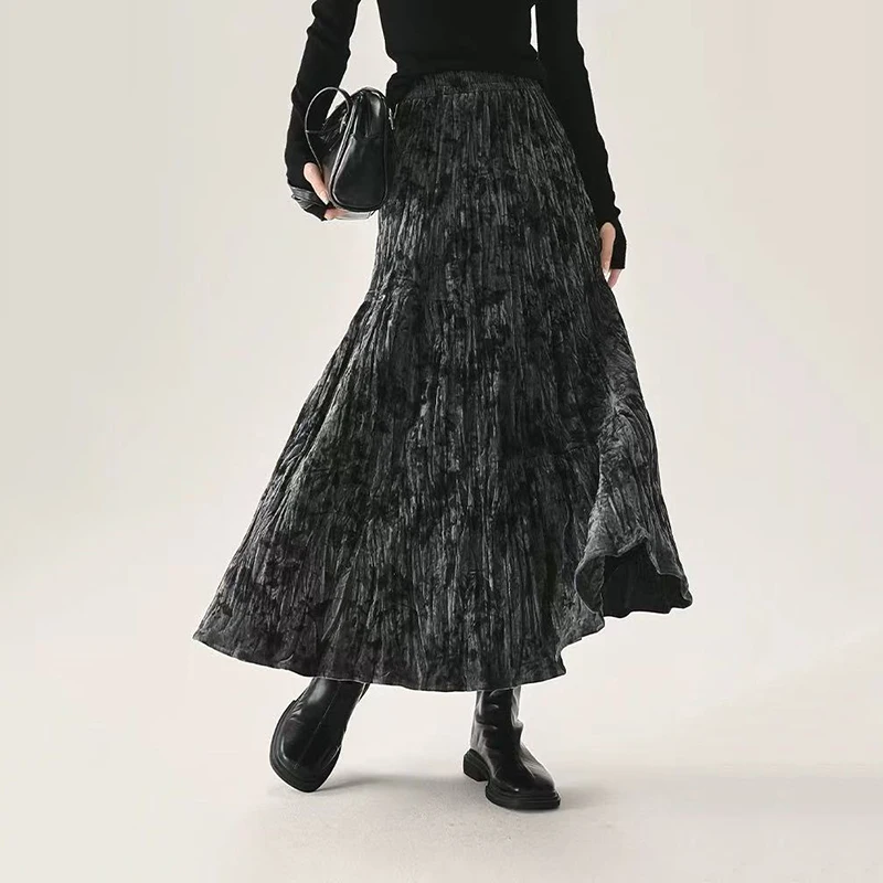 Koreanische Chic Falten Midi Rock Frau Herbst Hohe Taille Tie Dye Casual Rock Y2K Winter Elegante Büro Dame Alle Spiel EINE Linie rock