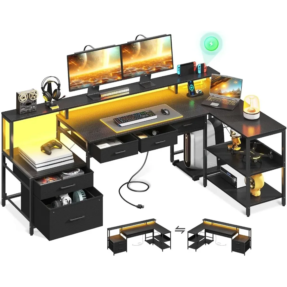 L Shaped Desk, Power Outlet & LED Strip, Office Desk with Storage Shelves,  Monitor Shelf, 66" Reversible L Shaped Computer Desk