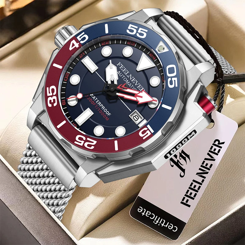 FEELNEVER Stainless Steel Men Watch Fashion 1000M Waterproof Calendar NH35 Men's Watches Top Brand Luxury Business Watch For Man