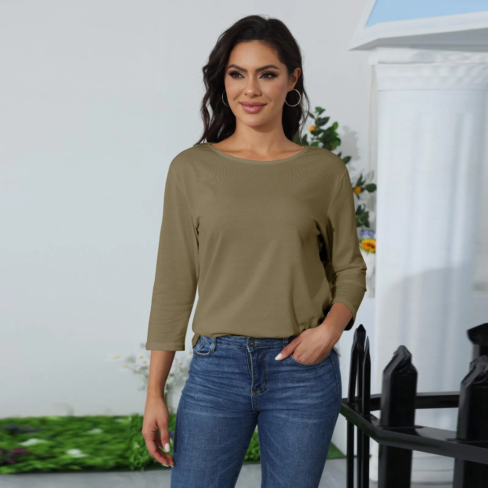 Women Spring Summer Tops Round Neck Three Quarter Sleeve Solid T Shirts Womens Loose Large Size Comfortable Soft Versatile Top