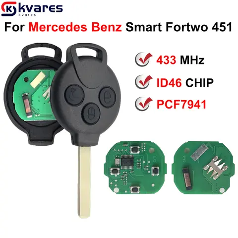 메르세데스 벤츠 스마트 포투 451 2007 2008 2009 2010 2011 2012 2013, PCF7941 ID46 칩, 433MHz 원격 자동차 키, 3 버튼