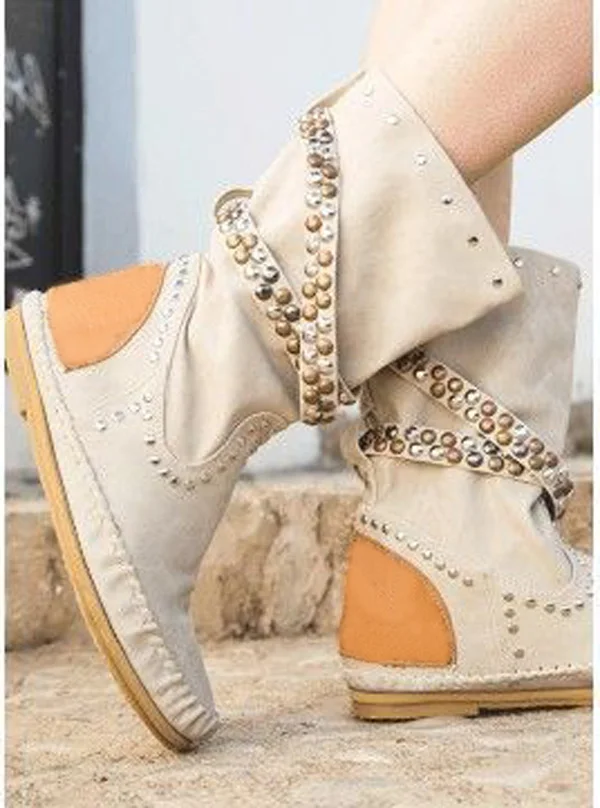 Summer Ladies Rivets Studs Buckle Belt Mid-calf Boots Woman Flat Fashion Patchwork Suede Slip on Long Boots