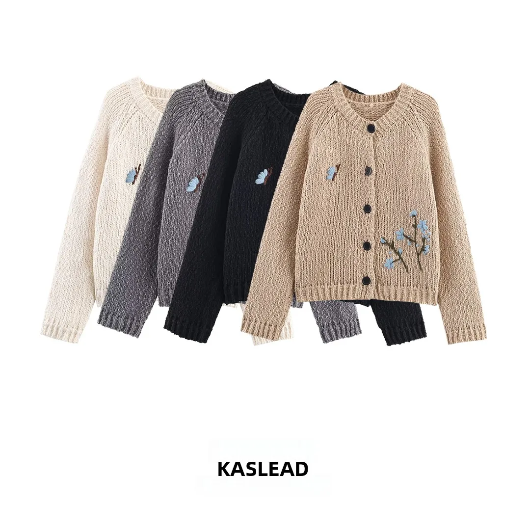 

KASLEAD New Women's Faion Simple Handmade Embroidered Knitted Open Cardigan Jaet Polyester Fiber Long Sve Plant Floral...