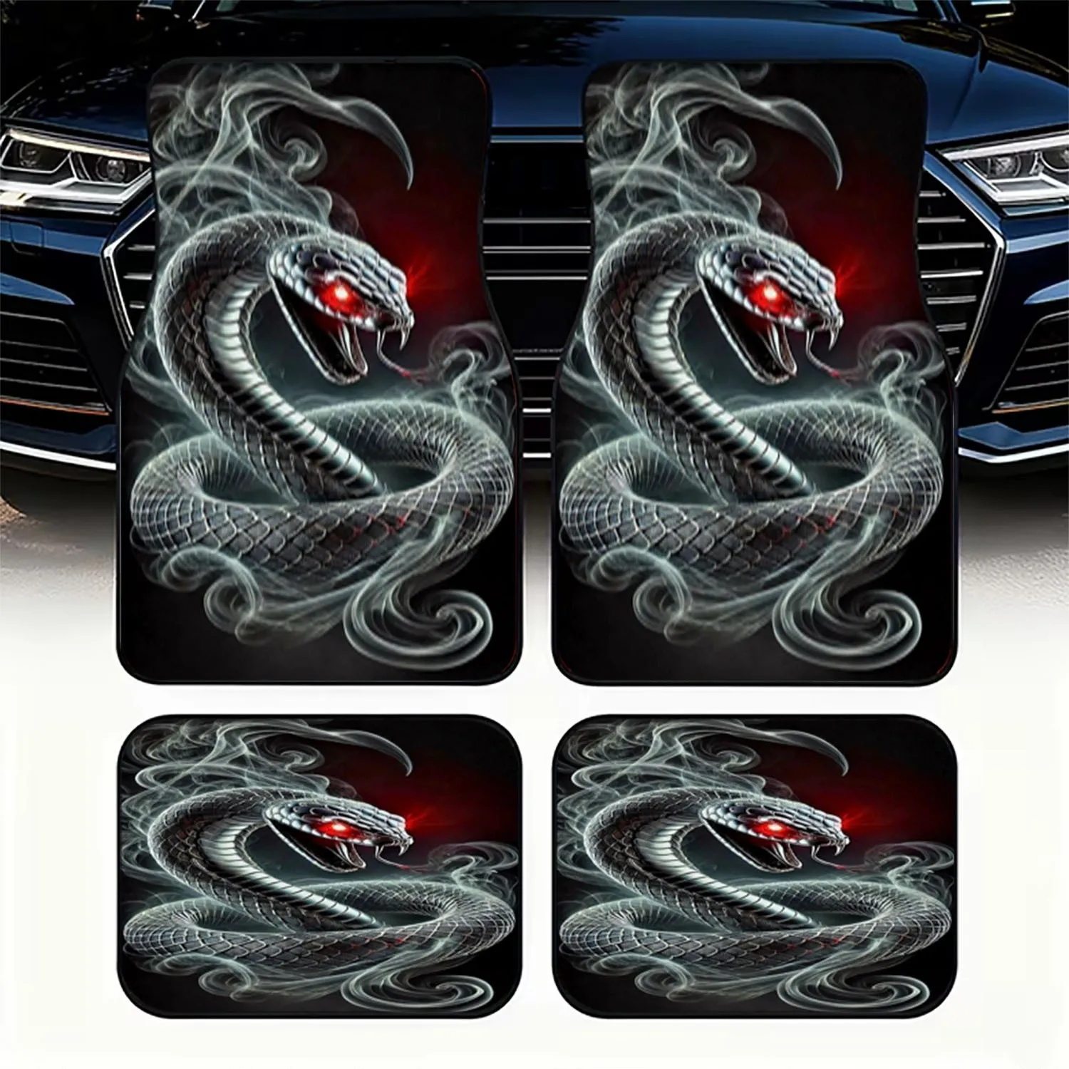 4pcs Car Floor Mats, Stylized Black Snake Design, Material, Menacing Red-Eyed Snake Pattern, For Car Interior, Dramatic Smoke-Fi