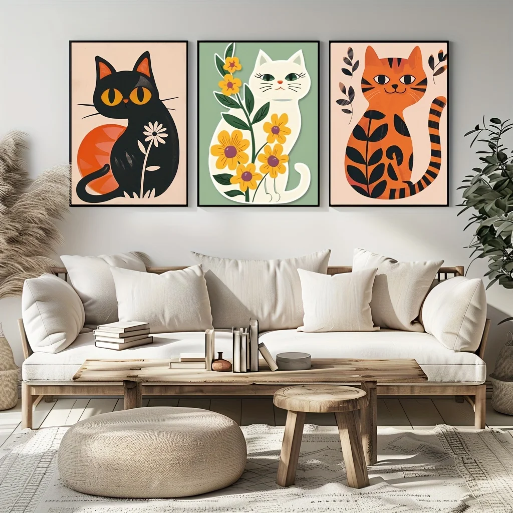 3pcs, Bohemian Style Cat Triplets, Frameless Canvas Poster, Creative Cartoon Cute Cat Wall Art, Suitable for Living Room, Bedroo