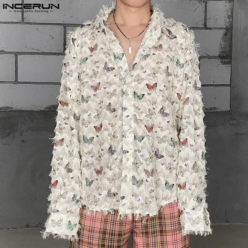 INCERUN Men Shirt Printing Tassel Lapel Long Sleeve Button Streetwear Casual Men Clothing 2024 Loose Korean Fashion Shirts S-5XL