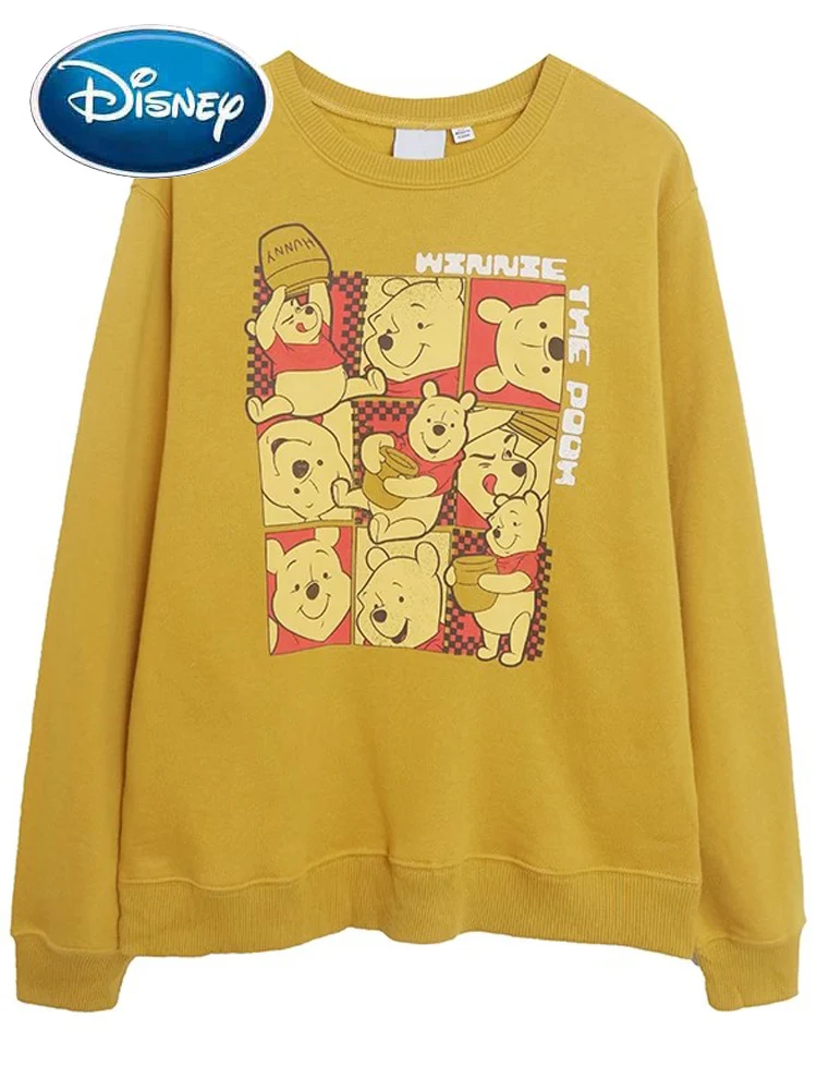 Disney Sweatshirt Winnie the Pooh Bear Letter Cartoon Print Fashion Women Long Sleeve O-Neck Pullover Jumper Fleece Tops Yellow