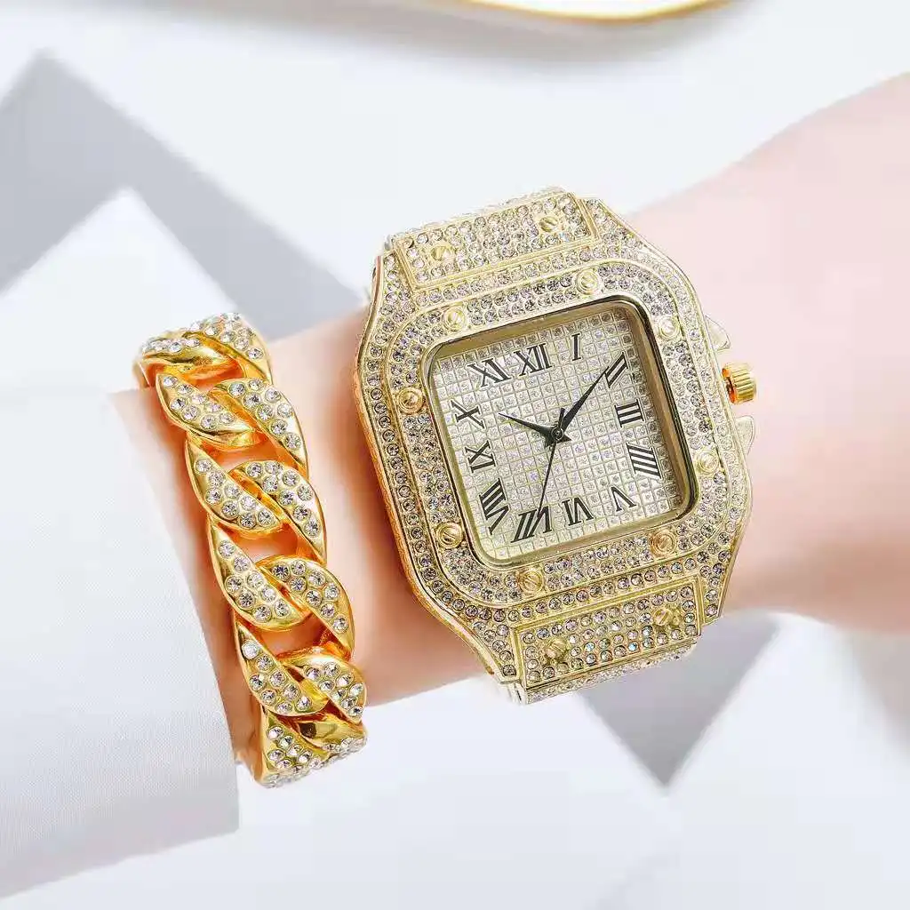 Watch for Women Men Luxury Hip Hop Full Iced Out Gold Watches with Cuban Chain Quartz Square Bracelet Set for Women Reloj Mujer