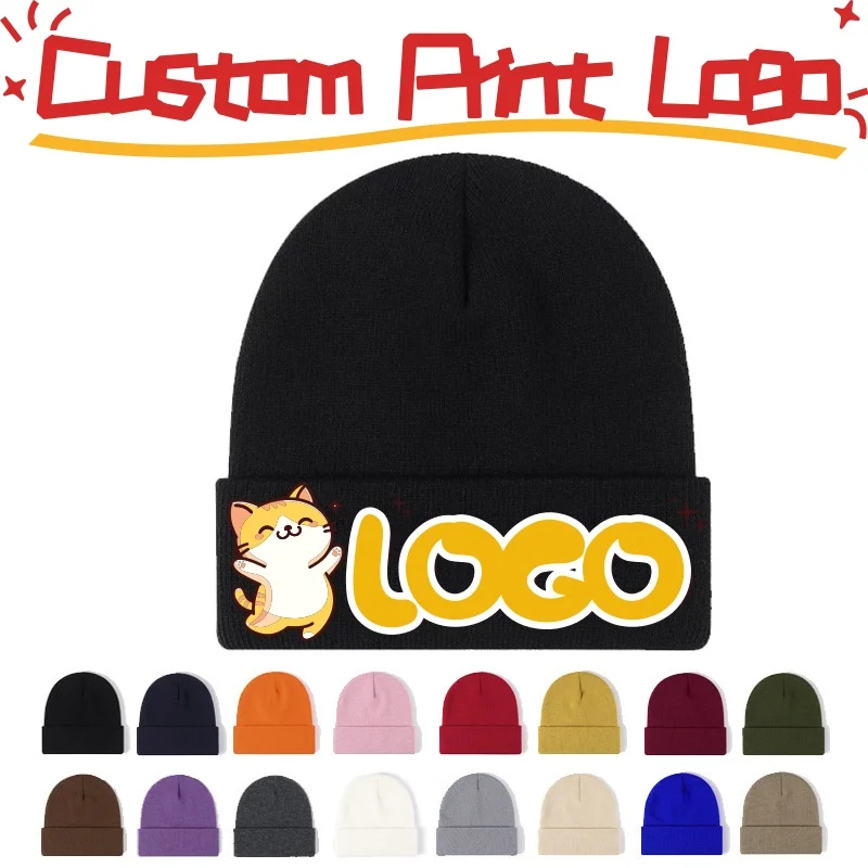 Customized Printed Logo Solid Color Knitted Hat Versatile Couple Cap Outdoor Pullover Hats Candy Colored Knitted Caps